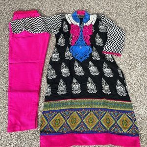 2 piece kurta pant set with boho print and embroidered yoke
